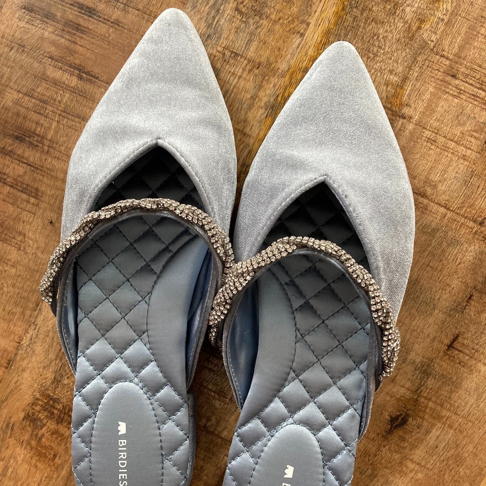 Birdies Swan Crystal Bracelet Mules Slides Size 10.5 Blue Bluebell